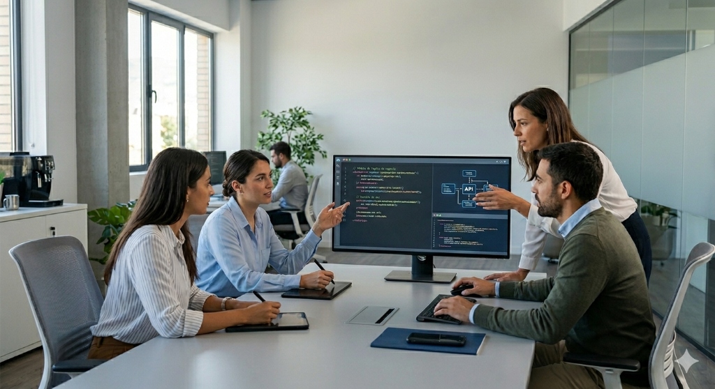 Equipo de desarrollo de software revisando código en pantalla
