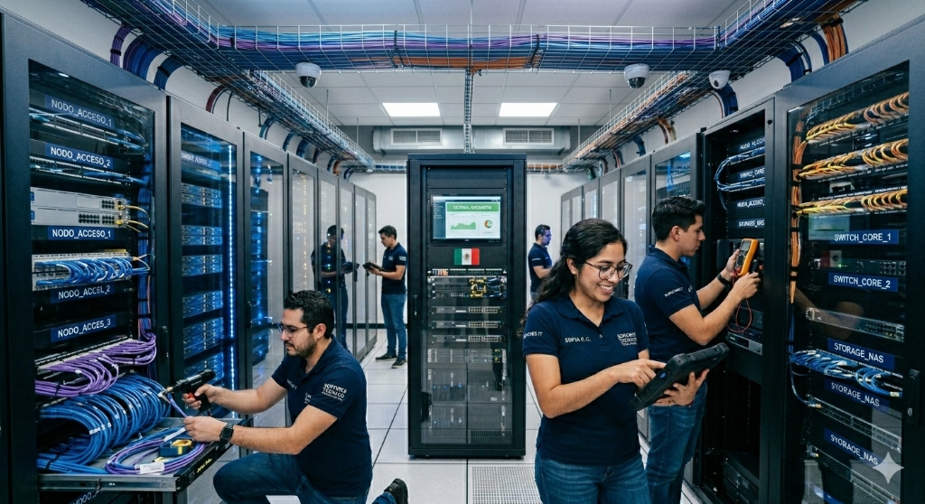 Ingenieros trabajando en servidores e infraestructura de red en centro de datos