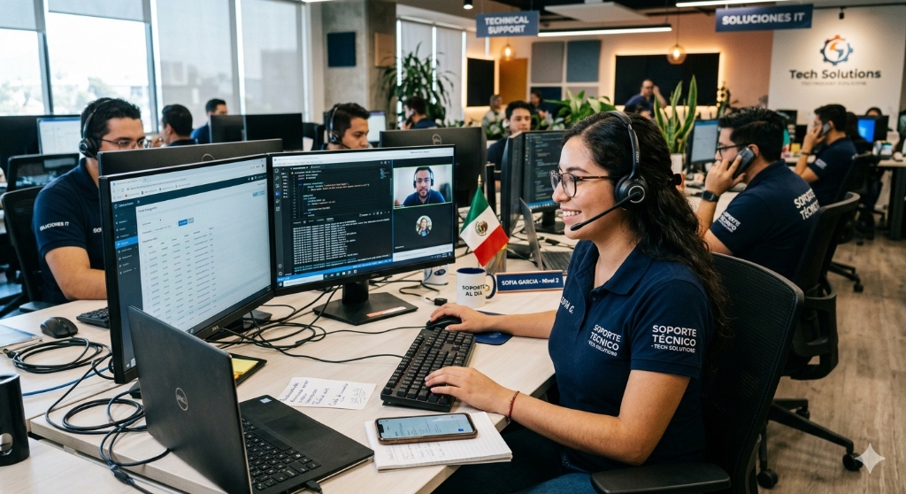 Equipo de soporte técnico trabajando en monitores y llamadas