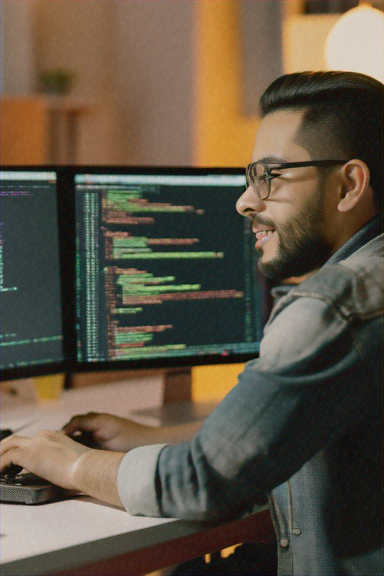 Desarrollador trabajando con código en doble monitor